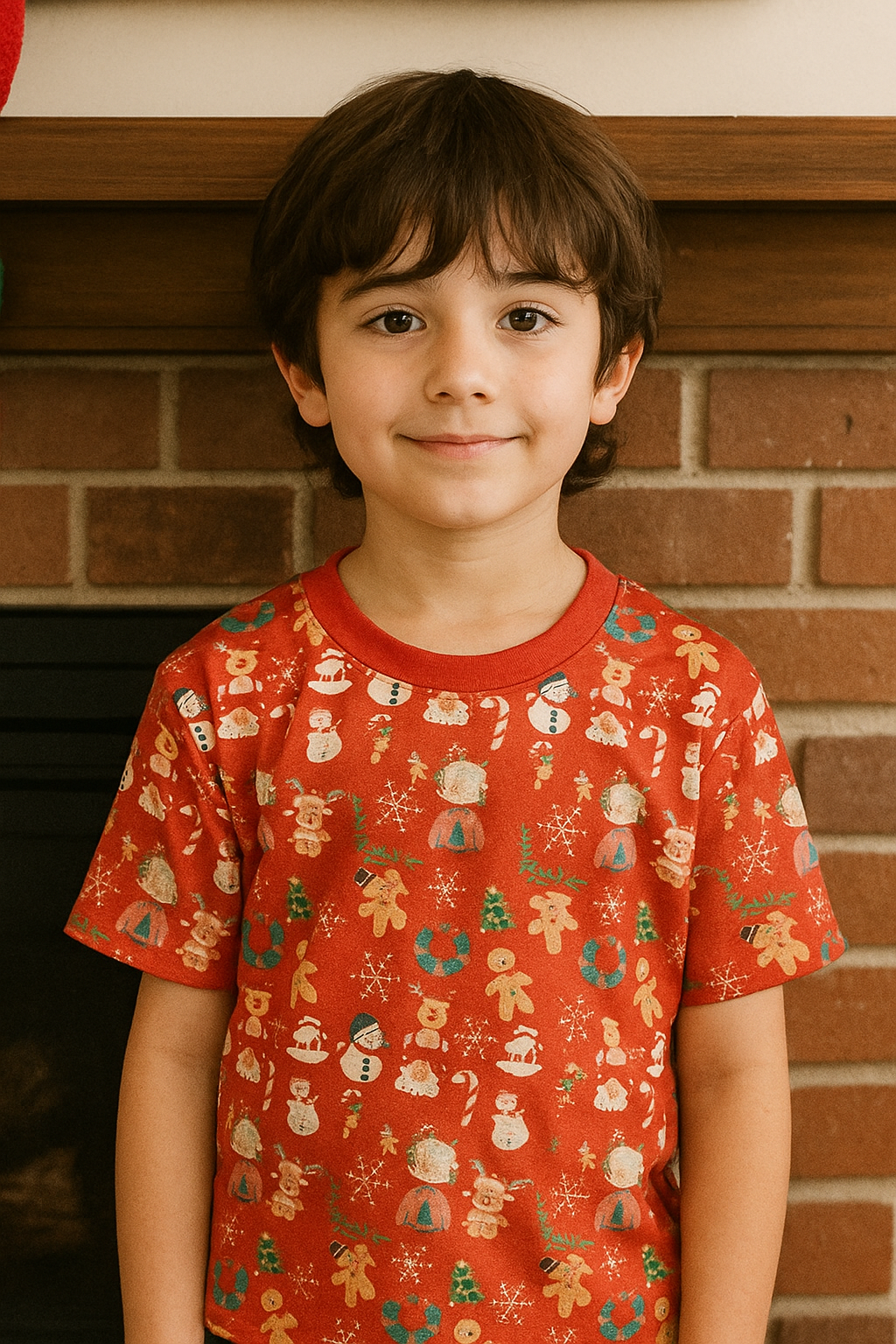 CAMISETA NAVIDEÑA NIÑO ESTAMPADA DE COPOS Y MUÑECOS