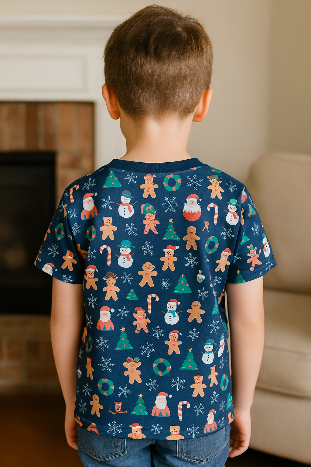 CAMISETA NAVIDEÑA NIÑO ESTAMPADA DE COPOS Y MUÑECOS