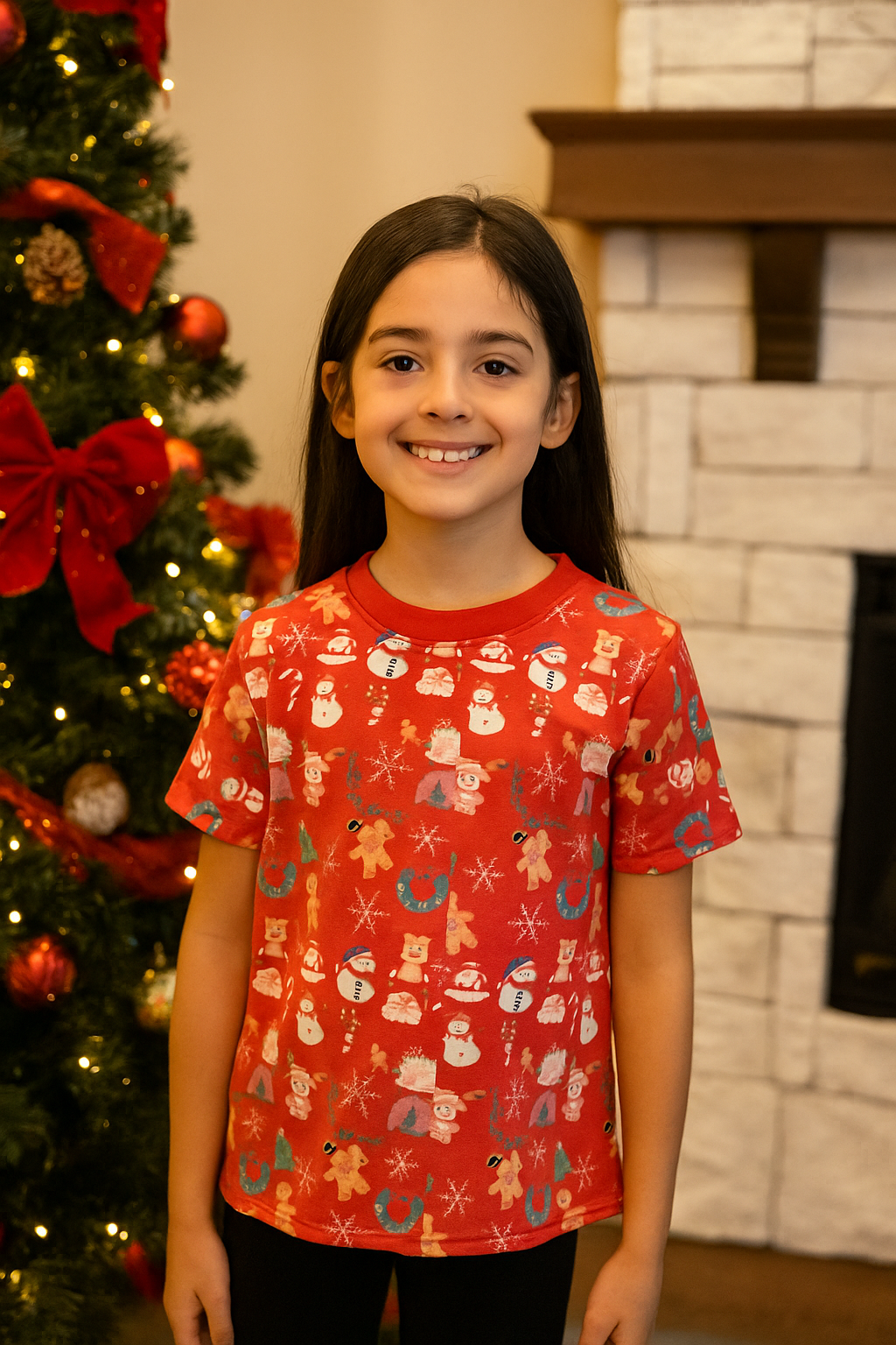 CAMISETA NAVIDEÑA NIÑA ESTAMPADA DE COPOS Y MUÑECOS