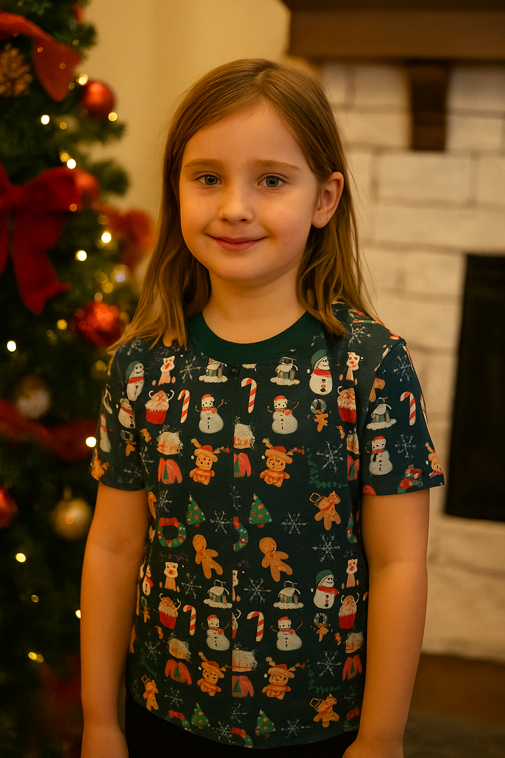 CAMISETA NAVIDEÑA NIÑA ESTAMPADA DE COPOS Y MUÑECOS