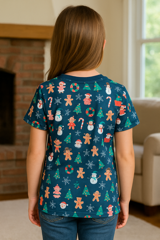 CAMISETA NAVIDEÑA NIÑA ESTAMPADA DE COPOS Y MUÑECOS