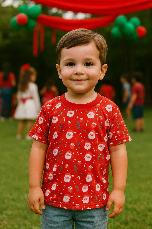 CAMISETA NAVIDEÑA NIÑO ESTAMPADA CON SANTA Y REGALOS