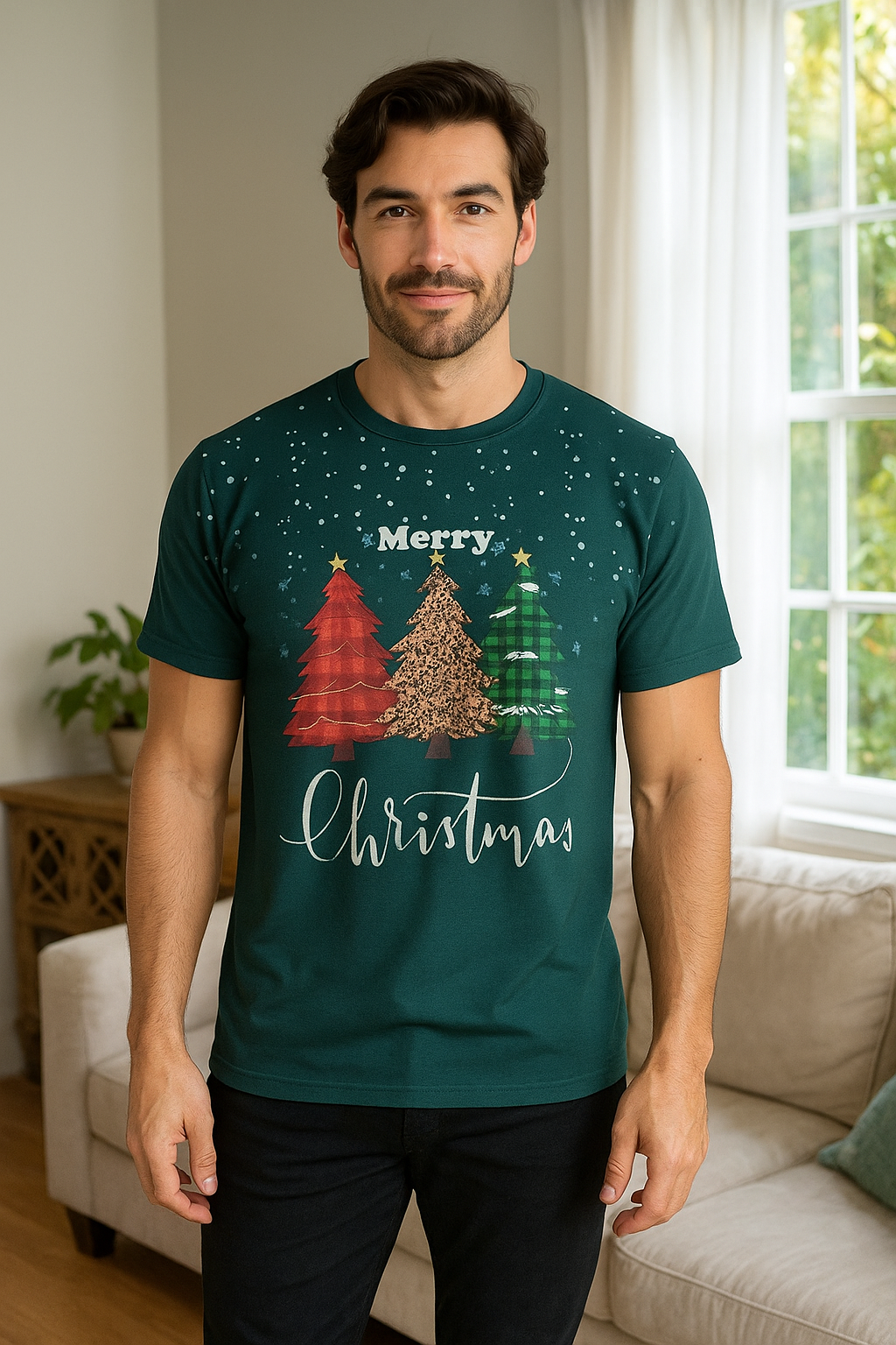 CAMISETA NAVIDEÑA HOMBRE MERRY CHRISTMAS CON ÁRBOLES