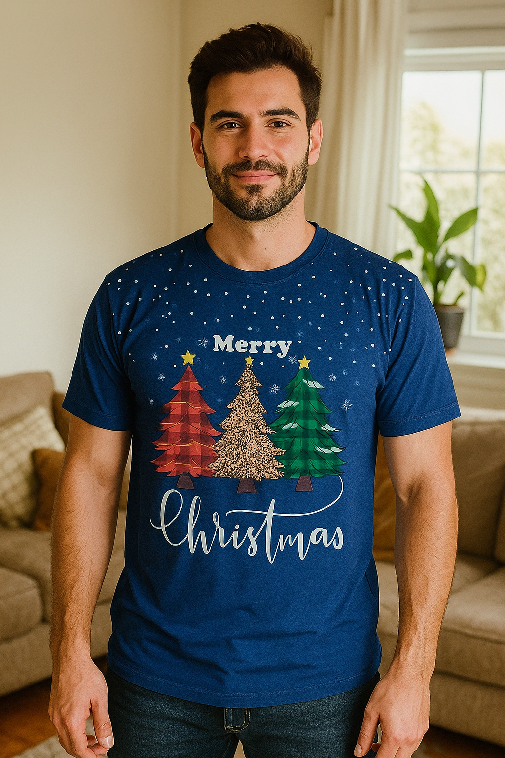 CAMISETA NAVIDEÑA HOMBRE MERRY CHRISTMAS CON ÁRBOLES