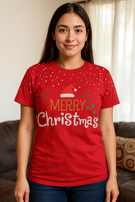 CAMISETA NAVIDEÑA DAMA MERRY CHRISTMAS CON GORRO DE SANTA