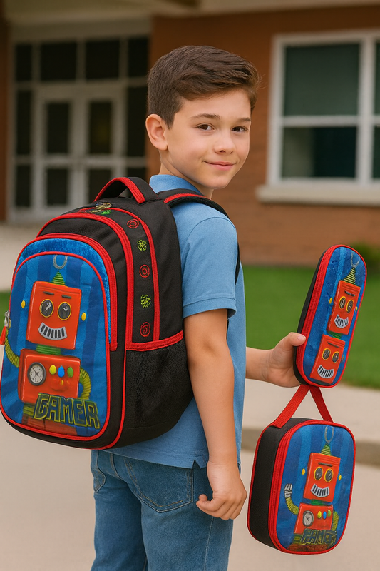COMBO MOCHILA LONCHERA CARTUCHERA NIÑO GAMER ROBOT
