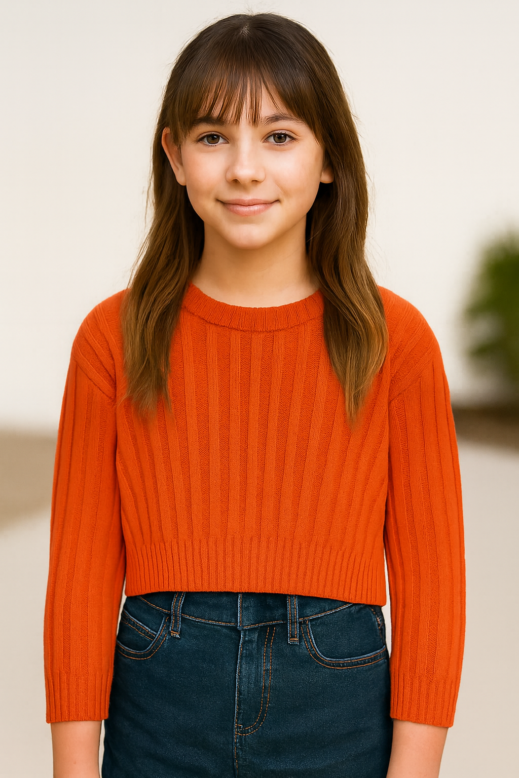 SUÉTER NIÑA TEJIDO CROP MANGA LARGA COLOR NARANJA