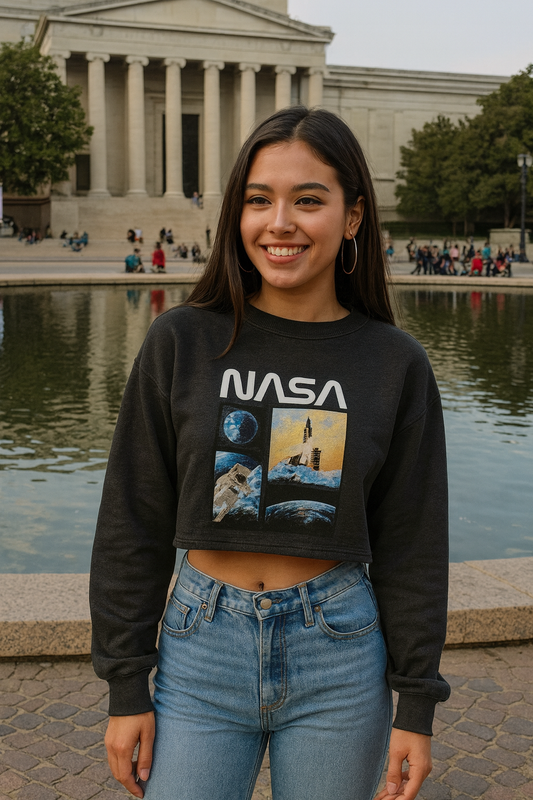 CROP BUZO DAMA NASA GRIS ESTAMPADO COHETE