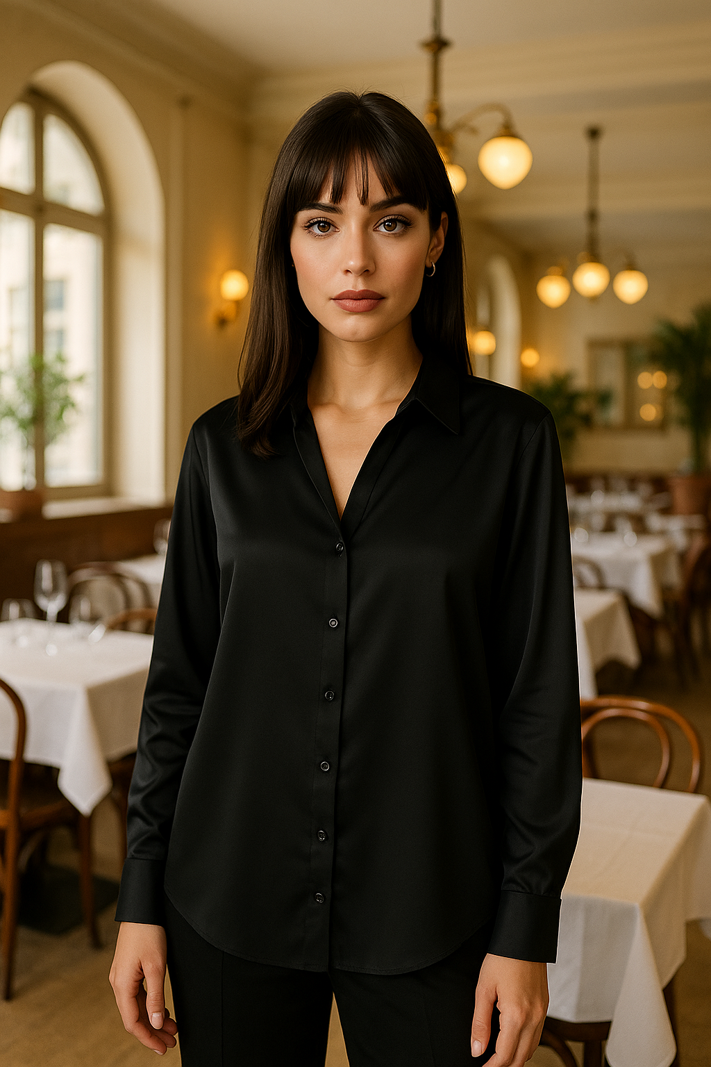 BLUSA DAMA MANGA LARGA NEGRA DE BOTONES Y CUELLO EN V