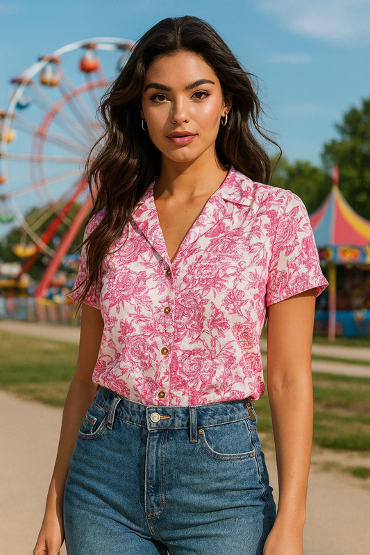 BLUSA DAMA ESTAMPADA FLORAL ROSA CON BOLSILLO