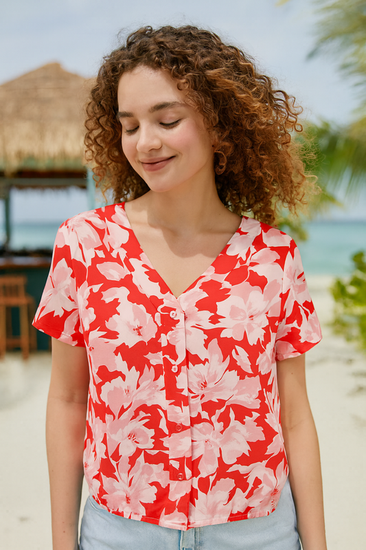 BLUSA DAMA PLUS SIZE ESTAMPADO FLORAL ROJO