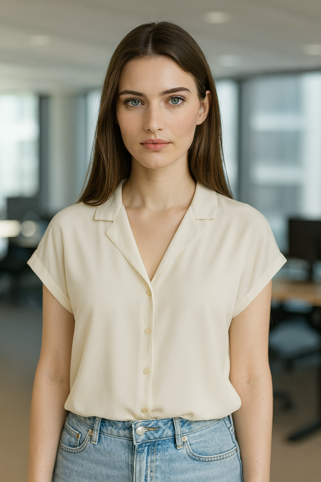 BLUSA DAMA MANGA CORTA BLANCA CON CUELLO CAMISERO