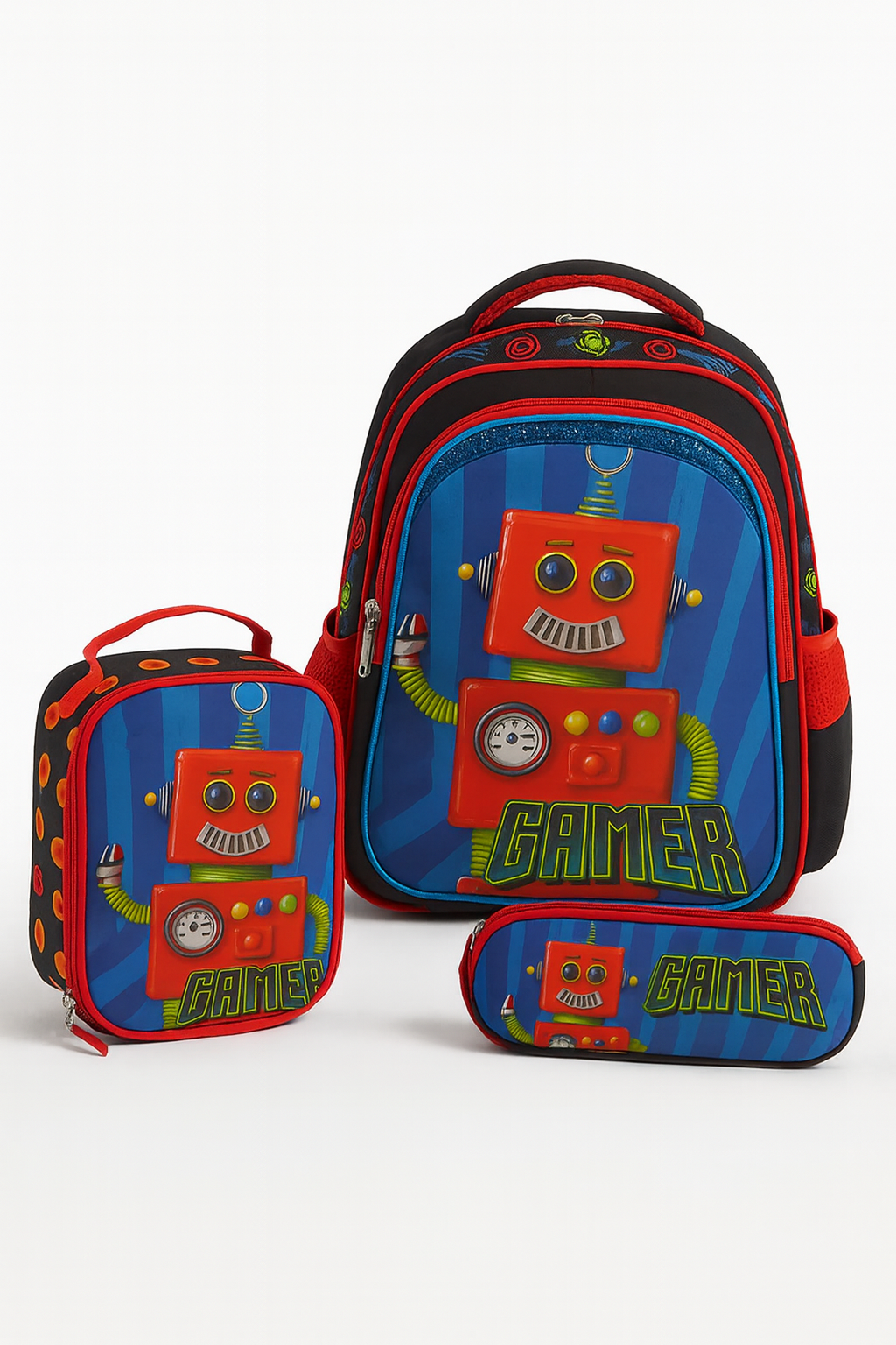 COMBO MOCHILA LONCHERA CARTUCHERA NIÑO GAMER ROBOT