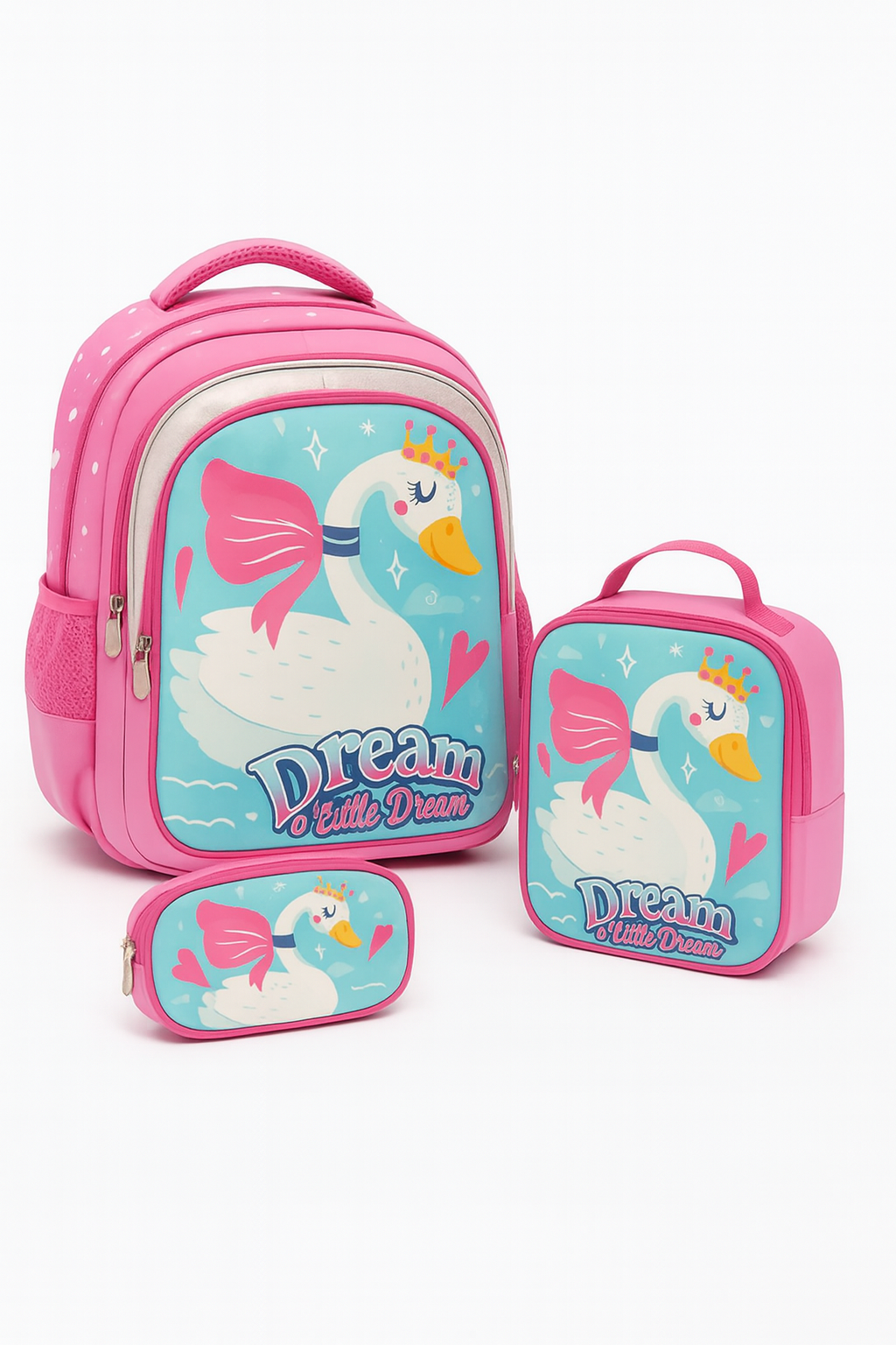 COMBO MOCHILA LONCHERA Y CARTUCHERA DE NIÑA CISNE