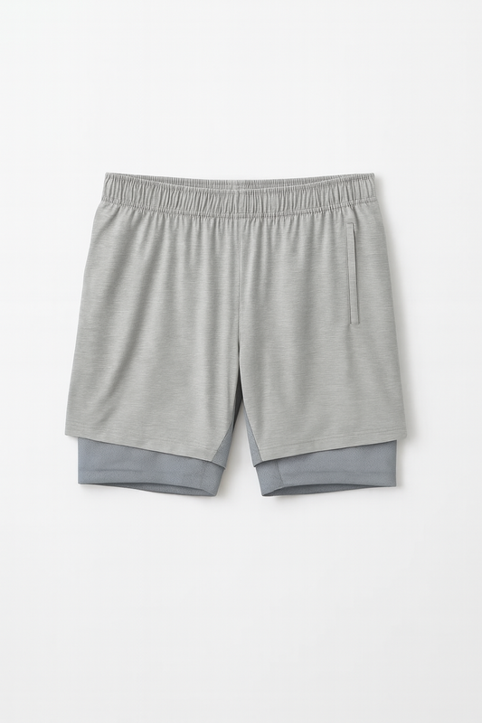 SHORT DEPORTIVO HOMBRE GRISACEO DOBLE TELA CON CORDON AJUSTABLE EN SU INTERIOR