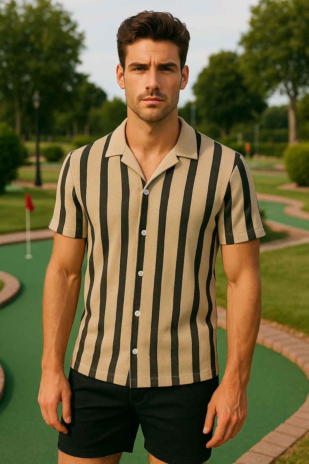 CAMISETA POLO TELA RIGIDA BEIGE LINEAS VERTICALES NEGRAS
