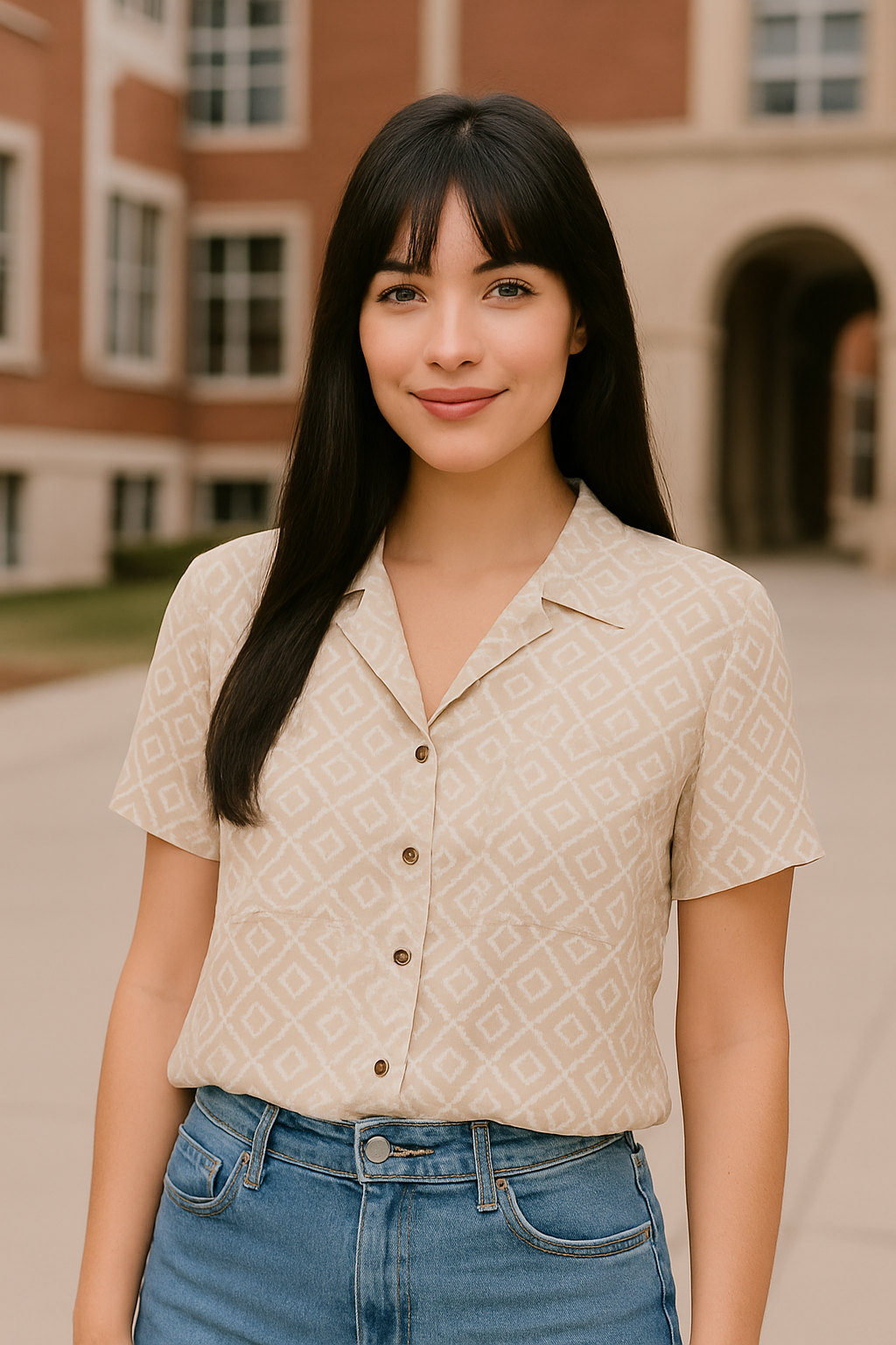 BLUSA DAMA BEIGE ESTAMPADA ROMBOS GEOMÉTRICOS CON DETALLE DE CORAZONES, MANGA CORTA Y BOTONES FRONTALES