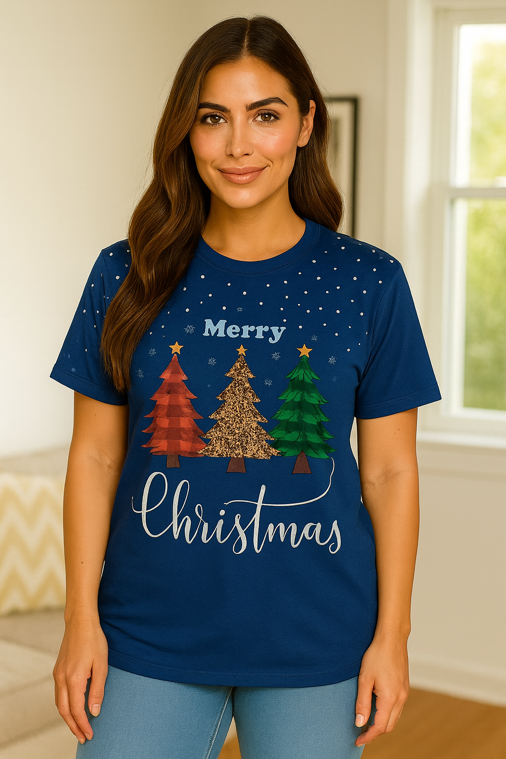 CAMISETA NAVIDEÑA MUJER MERRY CHRISTMAS CON ÁRBOLES