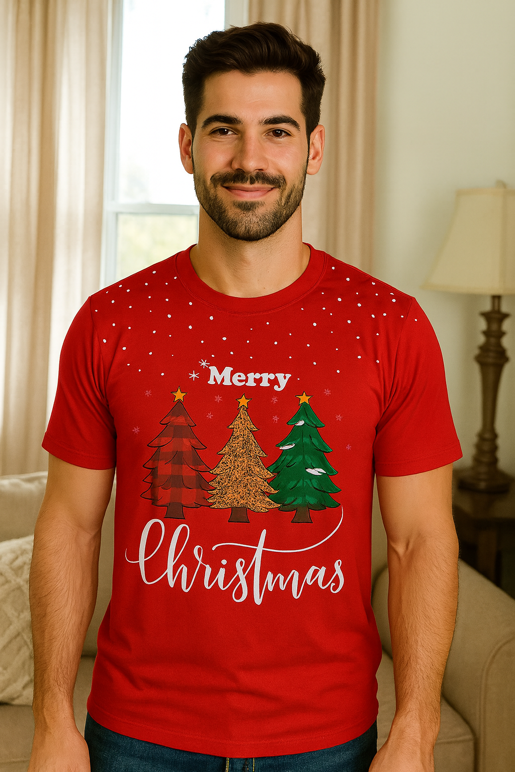 CAMISETA NAVIDEÑA HOMBRE MERRY CHRISTMAS CON ÁRBOLES