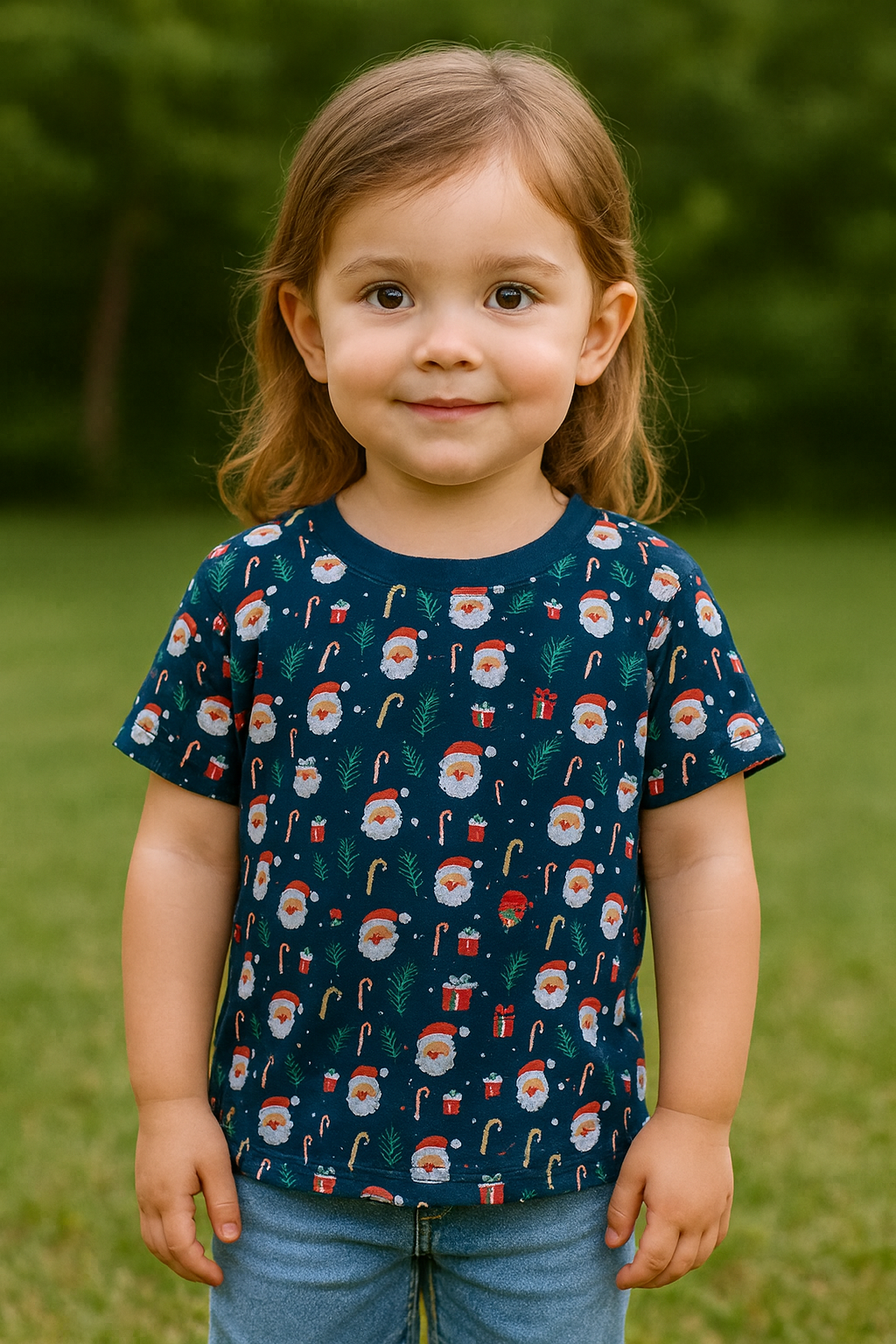 CAMISETA NAVIDEÑA NIÑA ESTAMPADA CON SANTA Y REGALOS