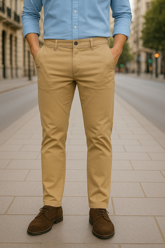 PANTALÓN GABARDINA, DISEÑO LISO EN TONO GRIS OSCURO CON BOLSILLOS LATERALES Y BOTÓN CAFÉ
