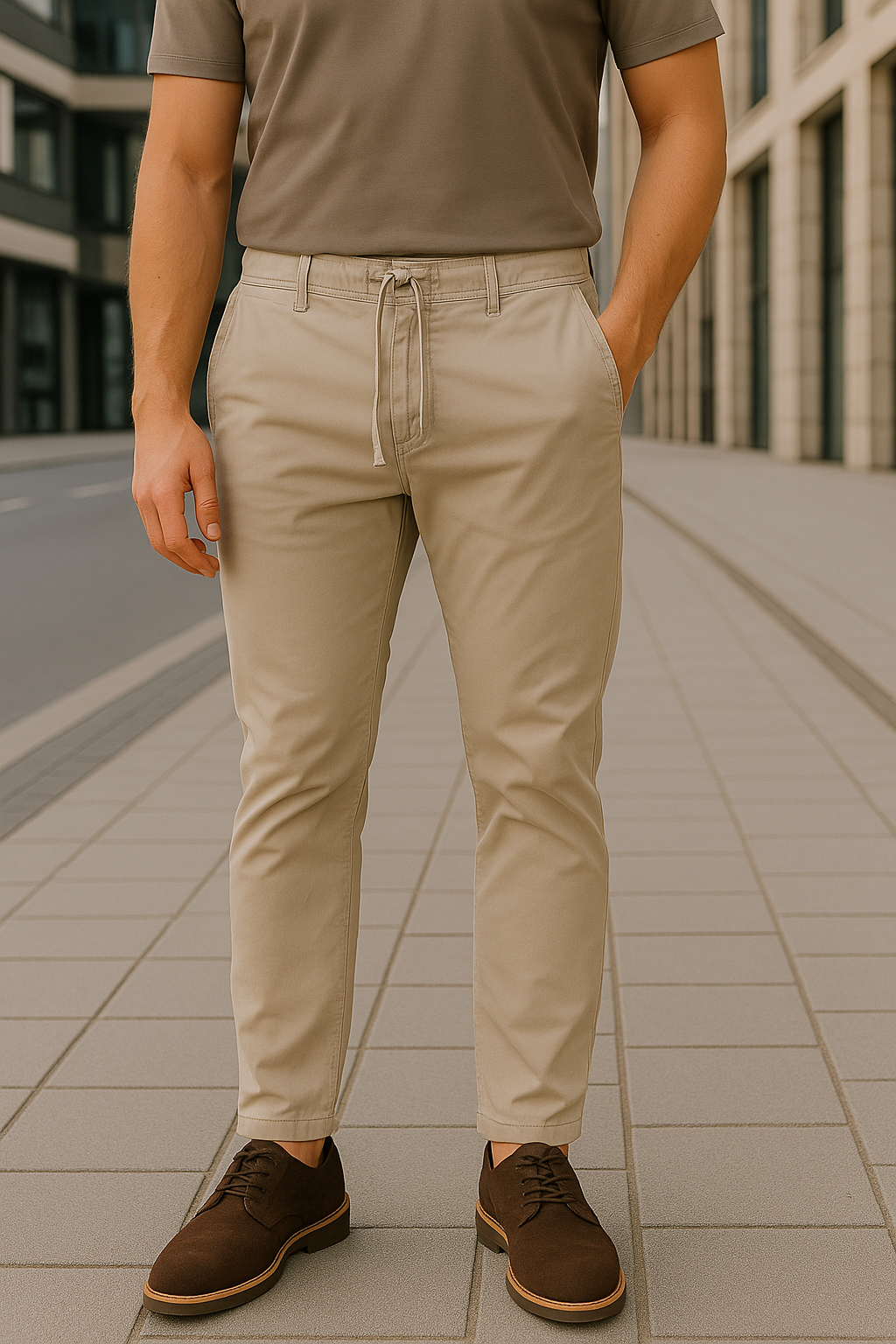 PANTALÓN GABARDINA NARROW FIT CASUAL, CORTE RECTO Y BOLSILLOS INTERNOS, DISEÑO LISO CON CORDÓN AJUSTABLE