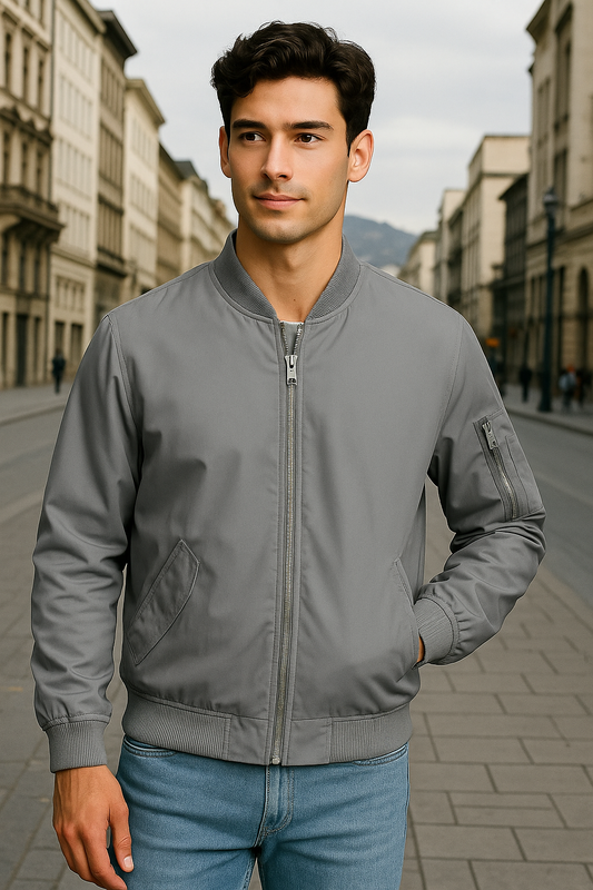 CHAQUETA BOMBER LLANA CASUAL CON CIERRE Y BOLSILLO EN BRAZOS