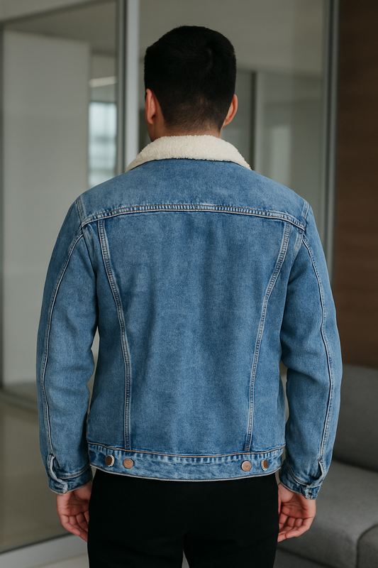 CHAQUETA JEAN CLÁSICA UNISEX FORRO INTERNO DE PIEL DE BORREGO CON BOLSILLOS DE BOTONES EN PECHO
