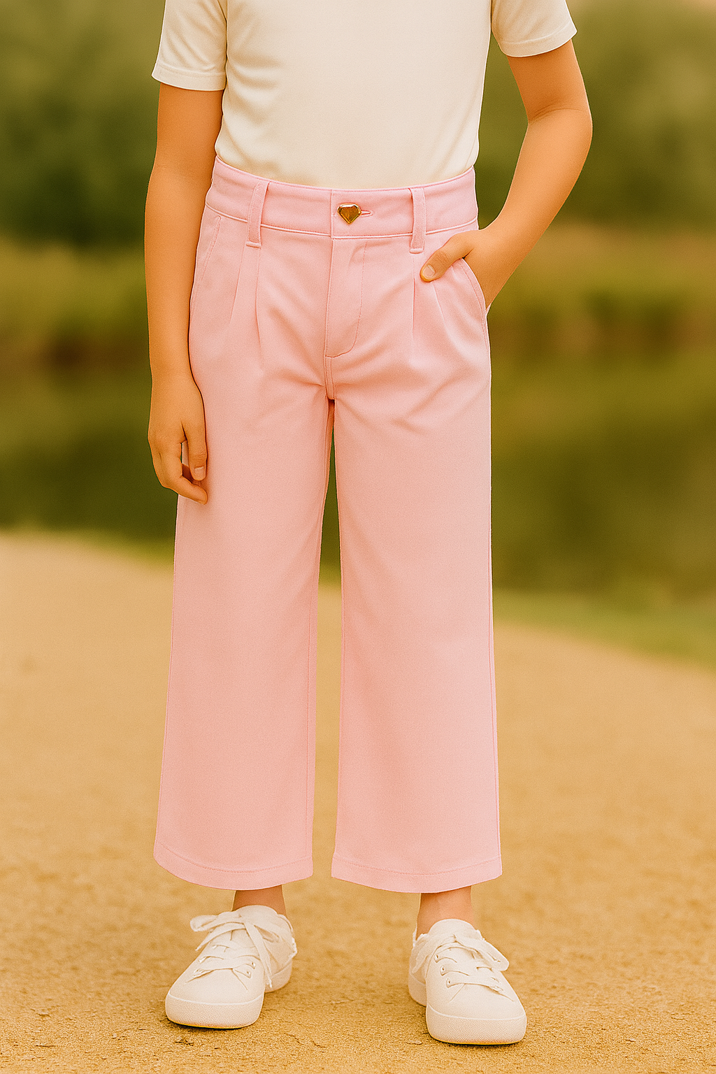 PANTALÓN NIÑA WIDE LEG CON BOTÓN DORADO EN FORMA DE CORAZÓN