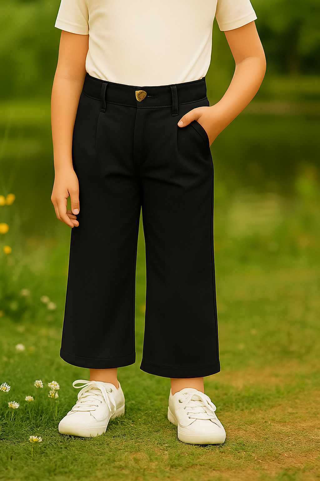 PANTALÓN NIÑA WIDE LEG CON BOTÓN DORADO EN FORMA DE CORAZÓN