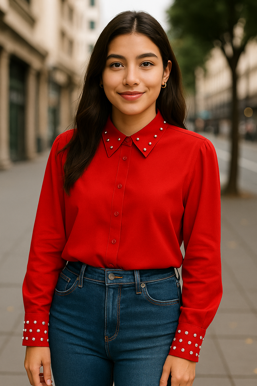 BLUSA DE CUELLO Y MANGAS DE DIAMANTES