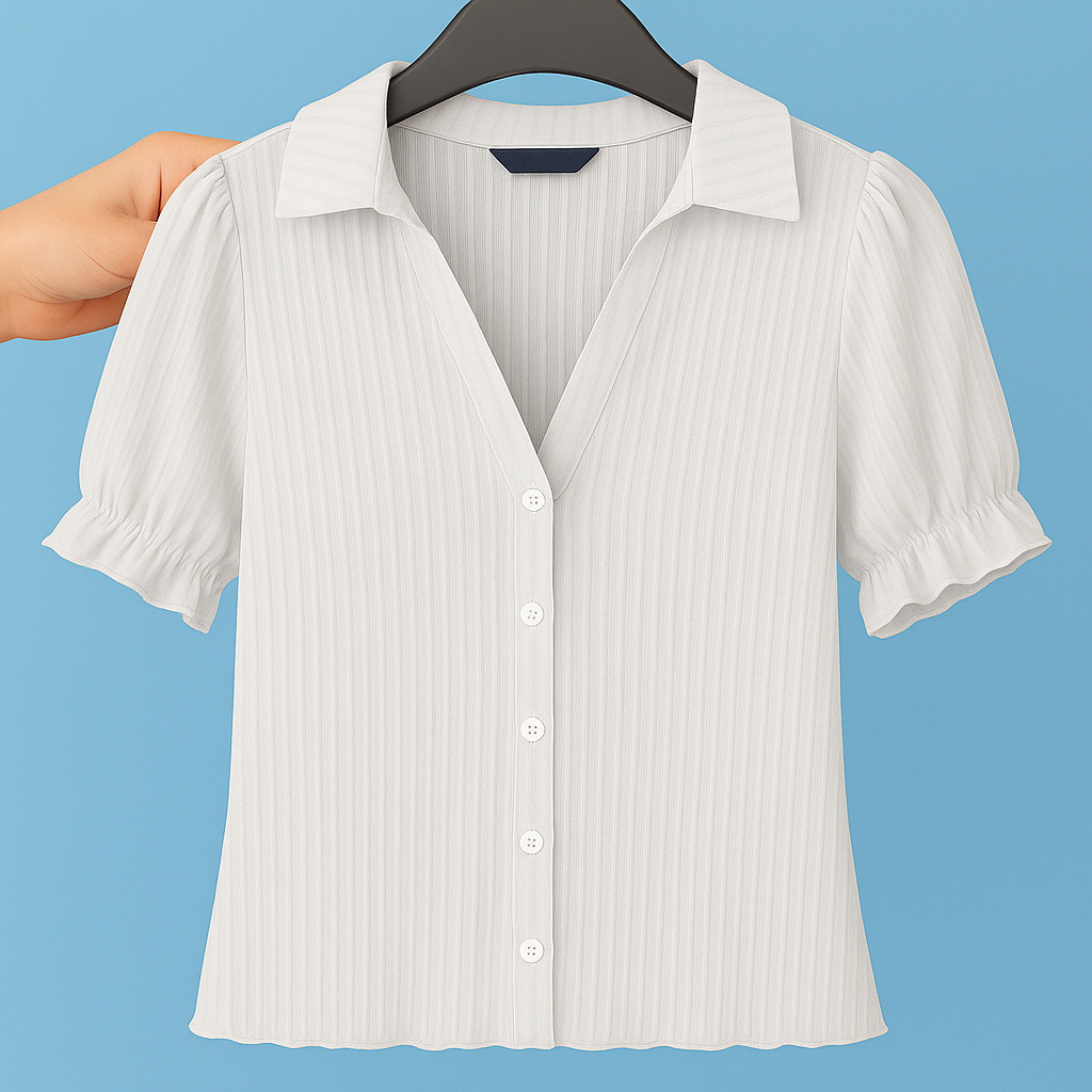 BLUSA DE CUELLO CLASICO MANGAS CORTAS ABULLONADAS
