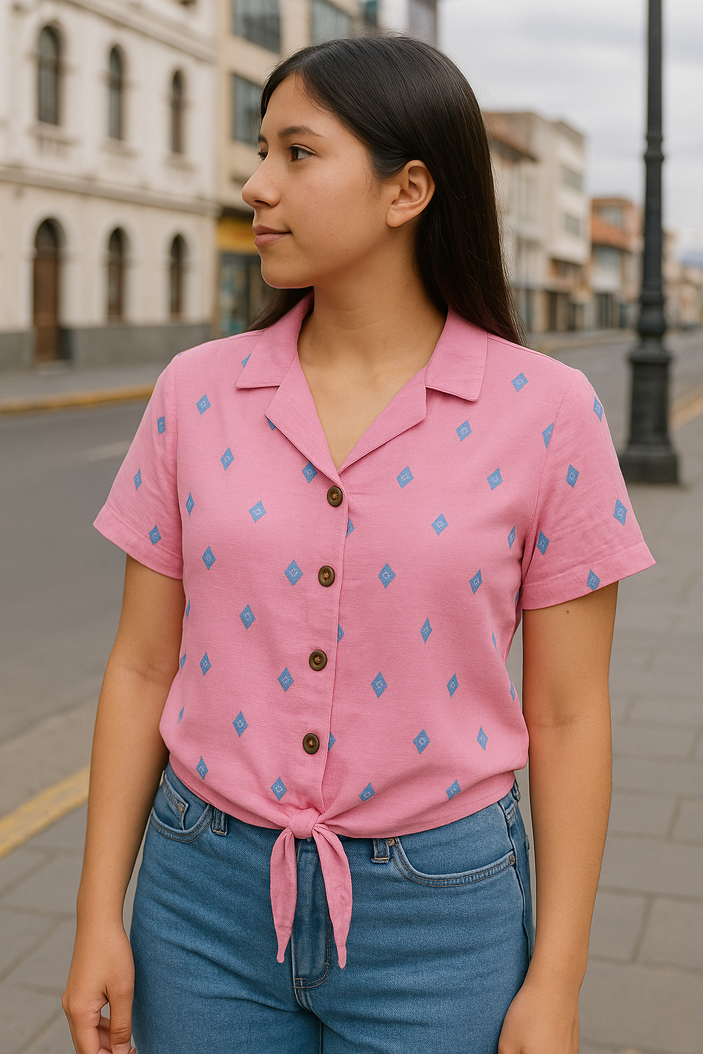 BLUSA ABOTONADA DE CUELLO MANGA CORTA CORTE SUELTO