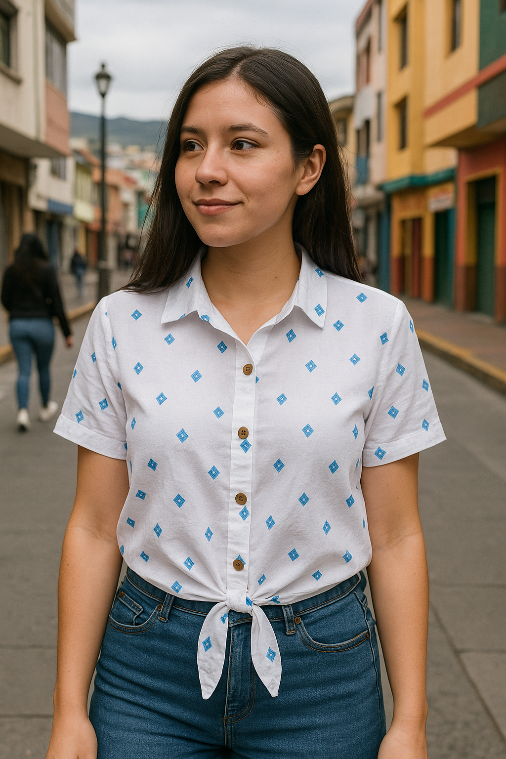 BLUSA ABOTONADA DE CUELLO MANGA CORTA CORTE SUELTO