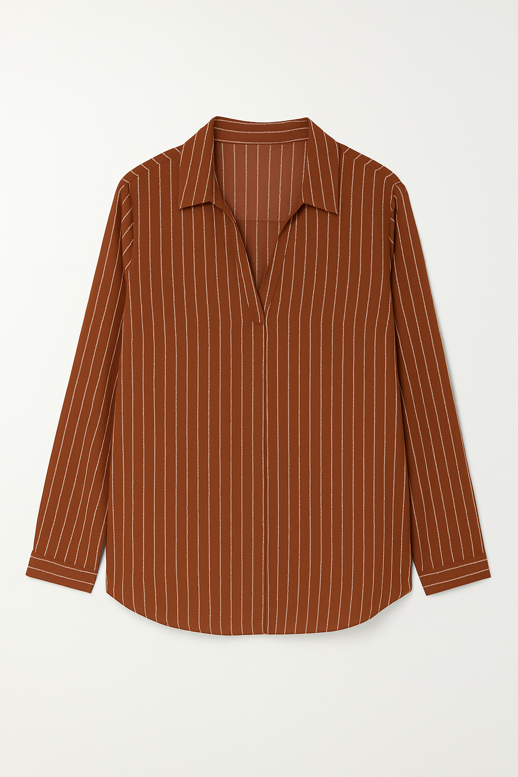 BLUSA PLUS MANGA LARGA RAYAS VERTICALES ABOTONADA DE CUELLO SOLAPA