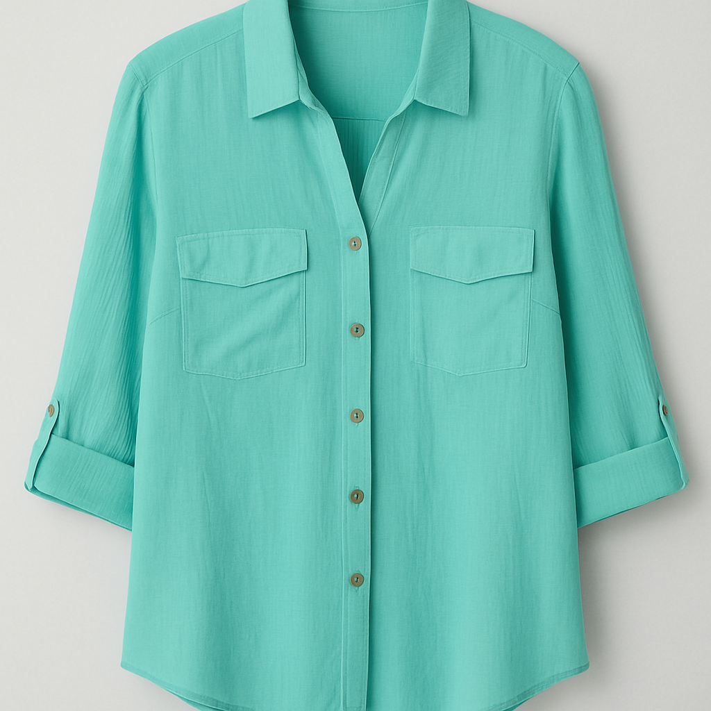 BLUSA OVERSIZE DE MANGA CORTA ABOTONADA DOBLE BOLSILLO EN EL PECHO