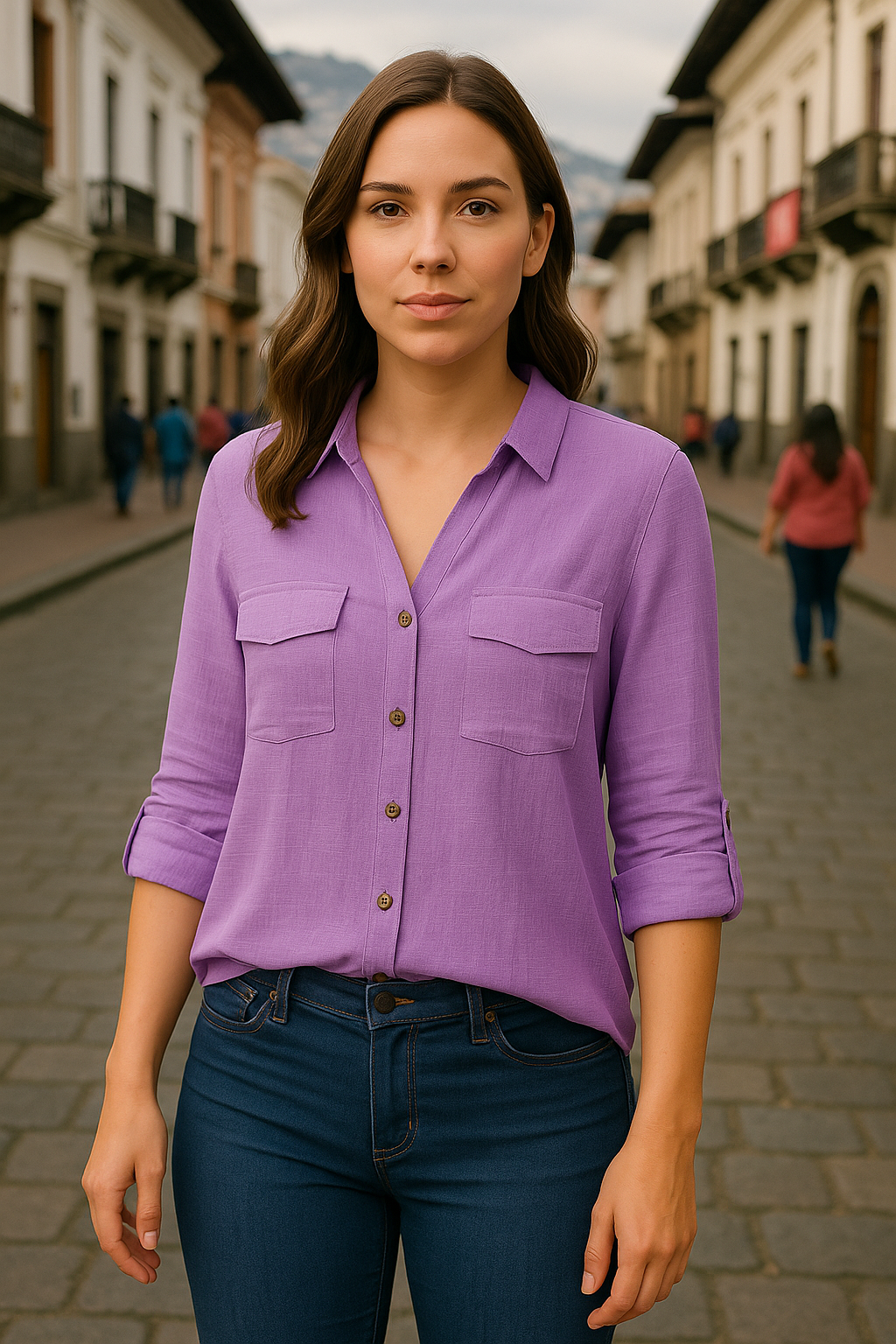 BLUSA OVERSIZE DE MANGA CORTA ABOTONADA DOBLE BOLSILLO EN EL PECHO