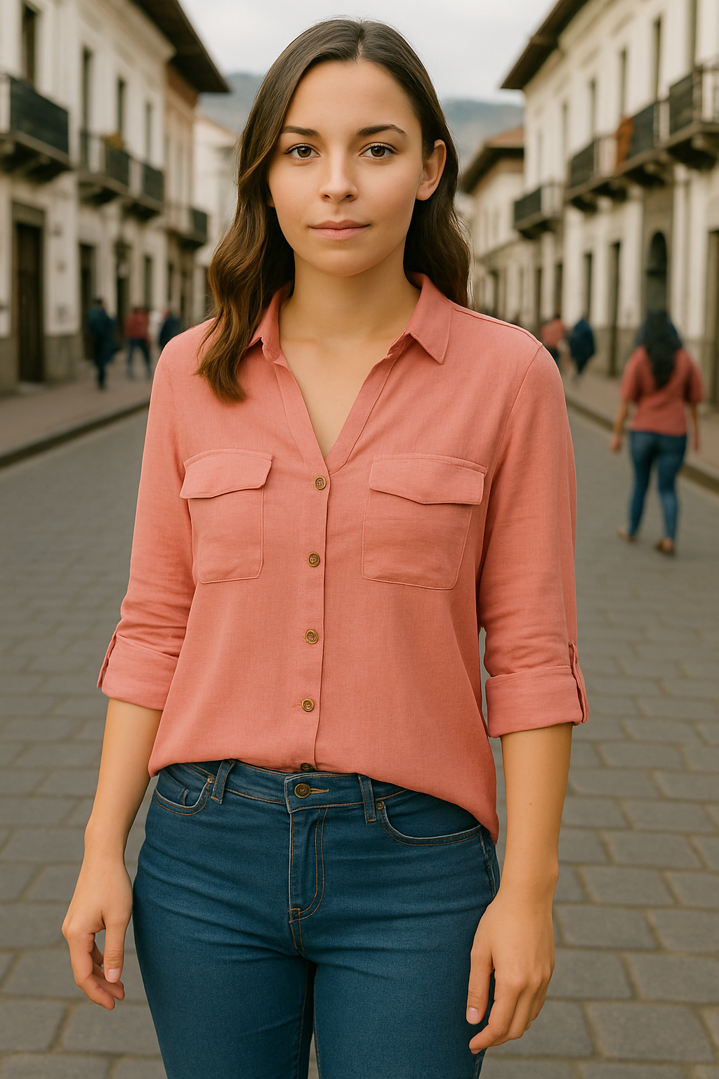 BLUSA OVERSIZE DE MANGA CORTA ABOTONADA DOBLE BOLSILLO EN EL PECHO
