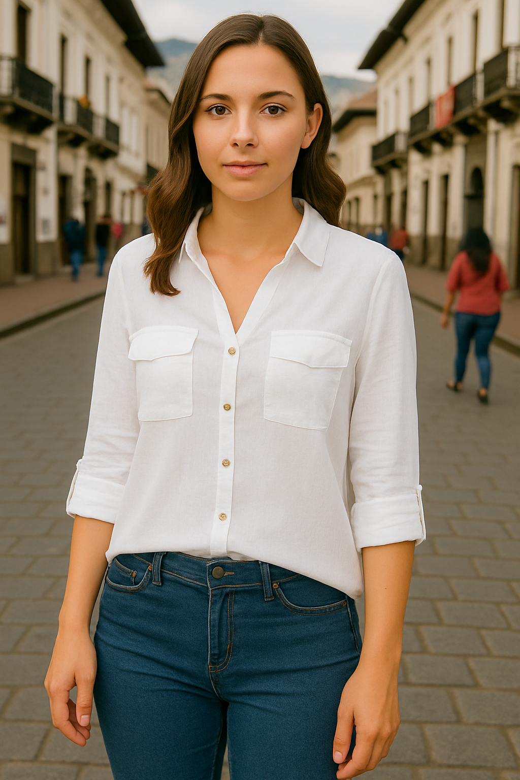 BLUSA OVERSIZE DE MANGA CORTA ABOTONADA DOBLE BOLSILLO EN EL PECHO