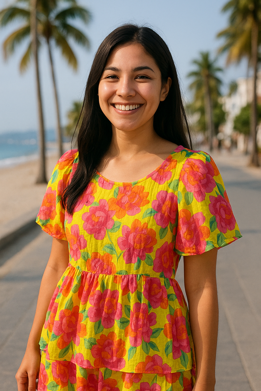 BLUSA PLUS TIPO PEPLUM CON ESTAMPADO FLORAL VIBRANTE