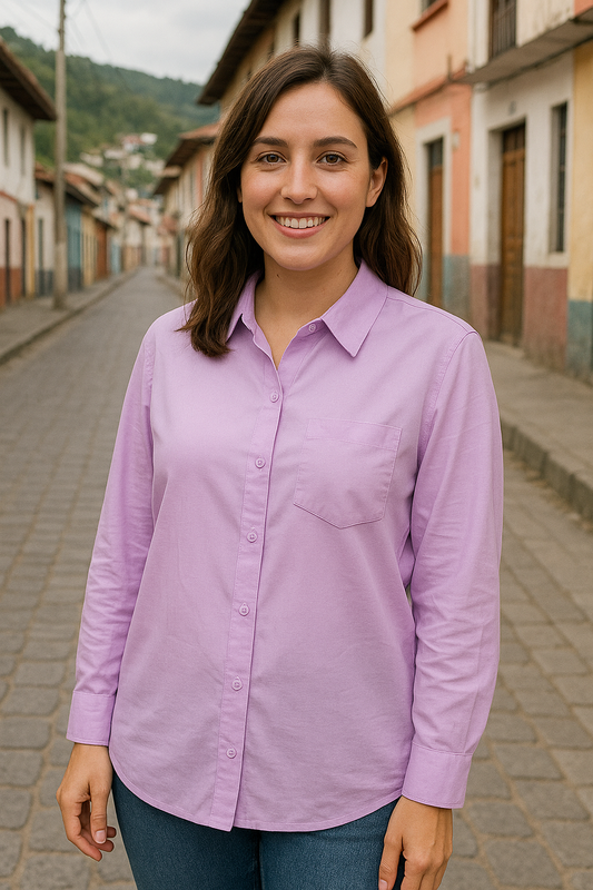 BLUSA CAMISERA MANGA LARGA ESTILO OVERSIZE ABOTONADA LILA