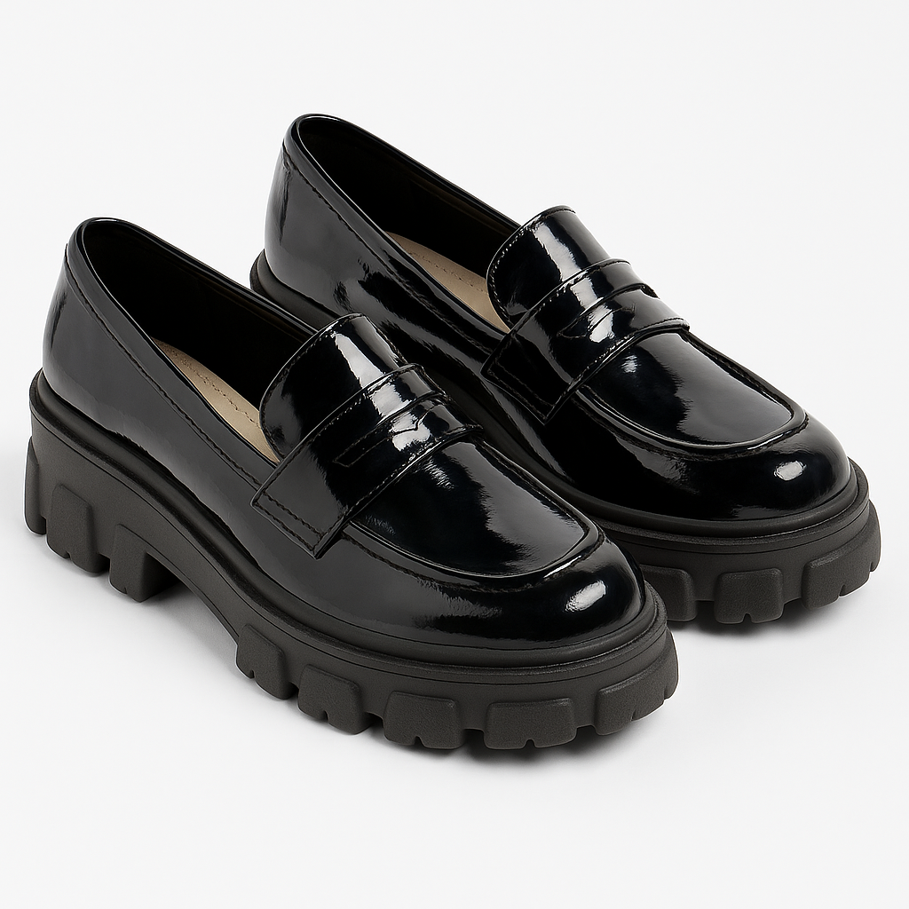 ZAPATO NEGRO DAMA MOCASIN ENCHAROLADO PLANTA ALTA