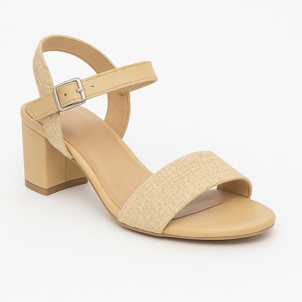 SANDALIA DE DAMA CAMEL TACON DE MATERIAL TEJIDO