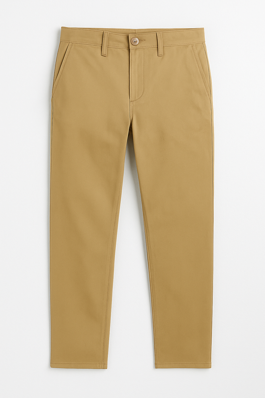 PANTALÓN GABARDINA SLIM FIT CAQUI DE CORTE MODERNO Y BOTÓN AL TONO
