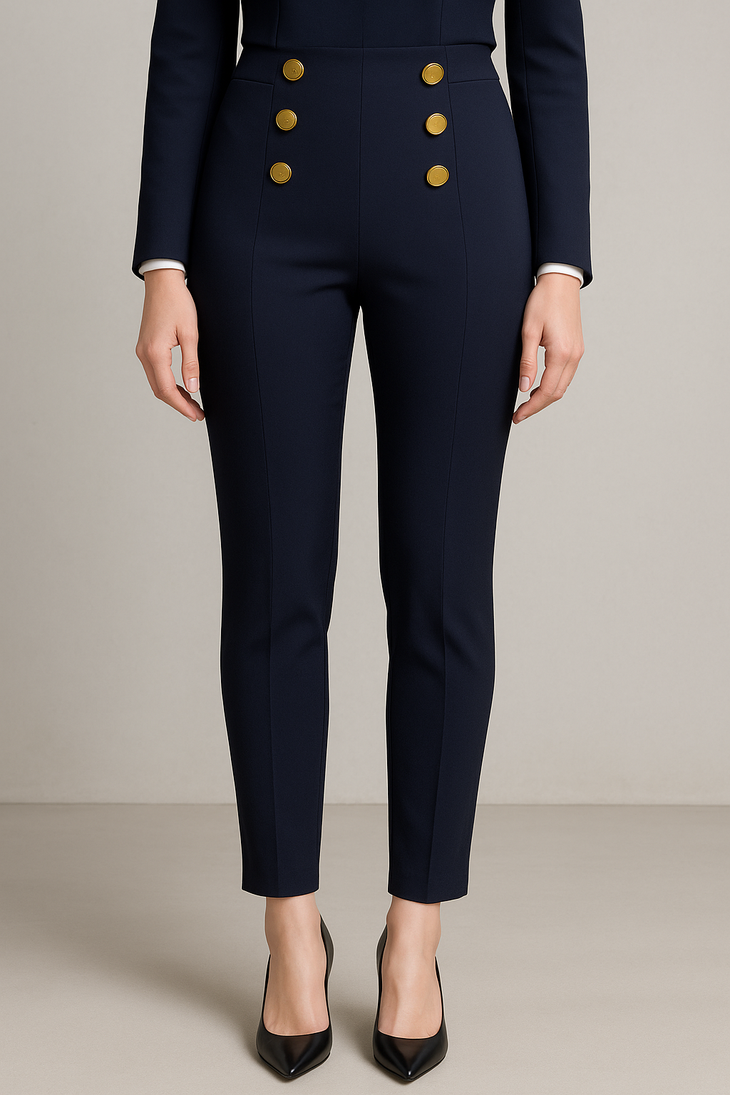 PANTALON DAMA AZUL MARIN SEMIFORMAL LICRADO PINZAS ABERTURA TOBILLO DETALLE BOTONES ORO