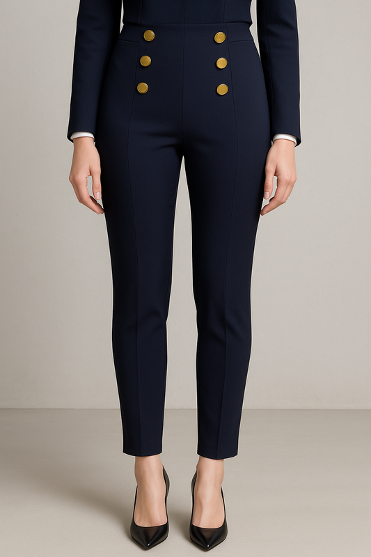 PANTALON DAMA AZUL MARIN SEMIFORMAL LICRADO PINZAS ABERTURA TOBILLO DETALLE BOTONES ORO