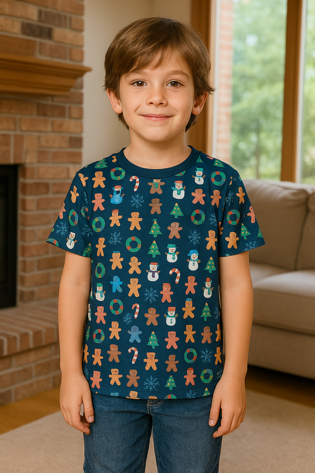 CAMISETA NAVIDEÑA NIÑO ESTAMPADA DE COPOS Y MUÑECOS