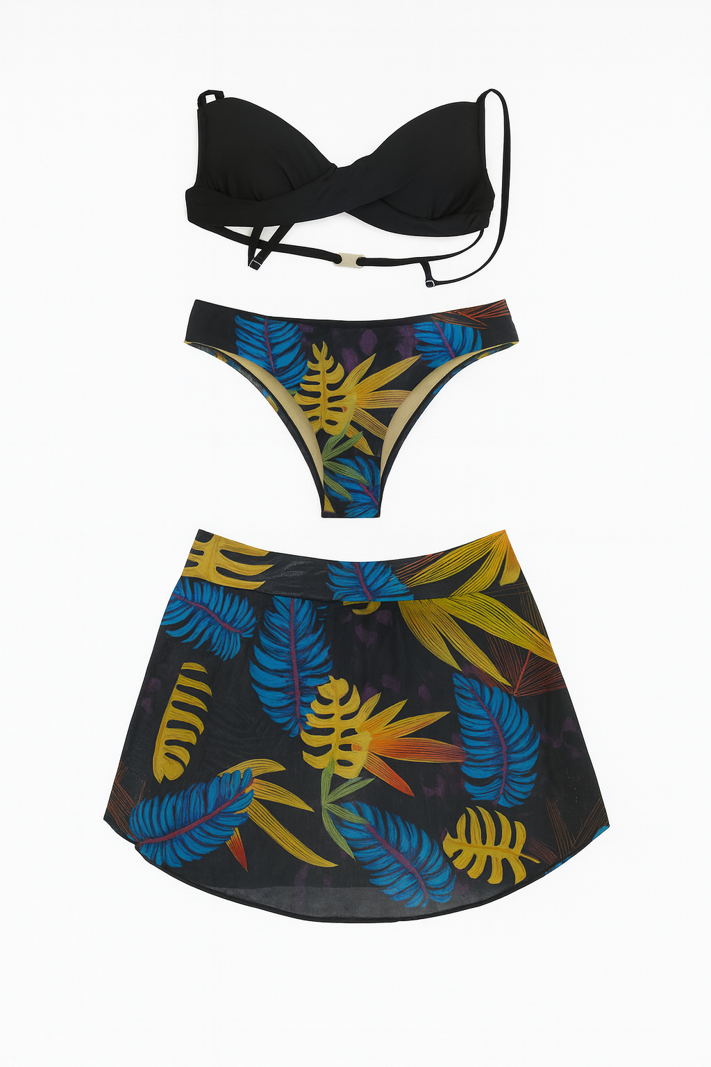 TERNO DE BAÑO NEGRO FIGURAS AZUL (FALDA + TOP + BOTTOM)