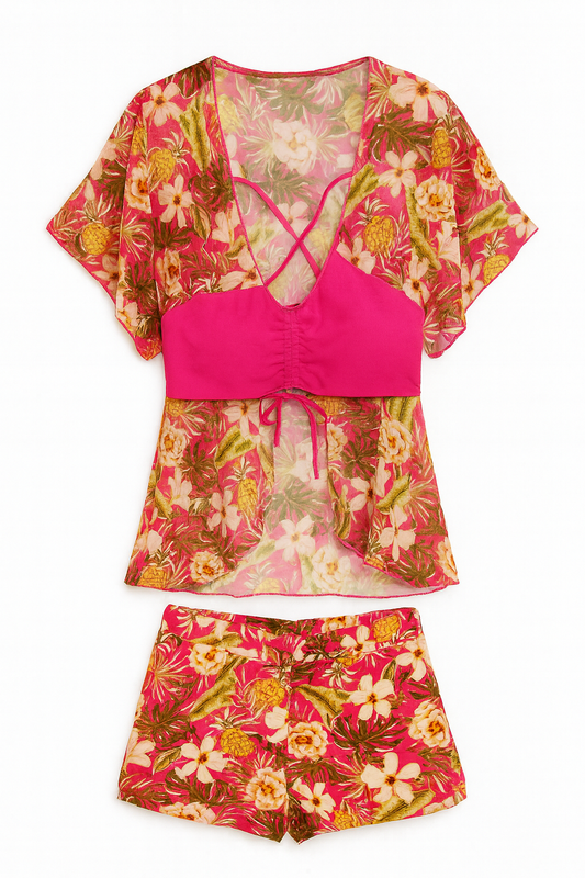 TERNO DE BAÑO PLUS ROSADO (SHORT + TOP + BATA)