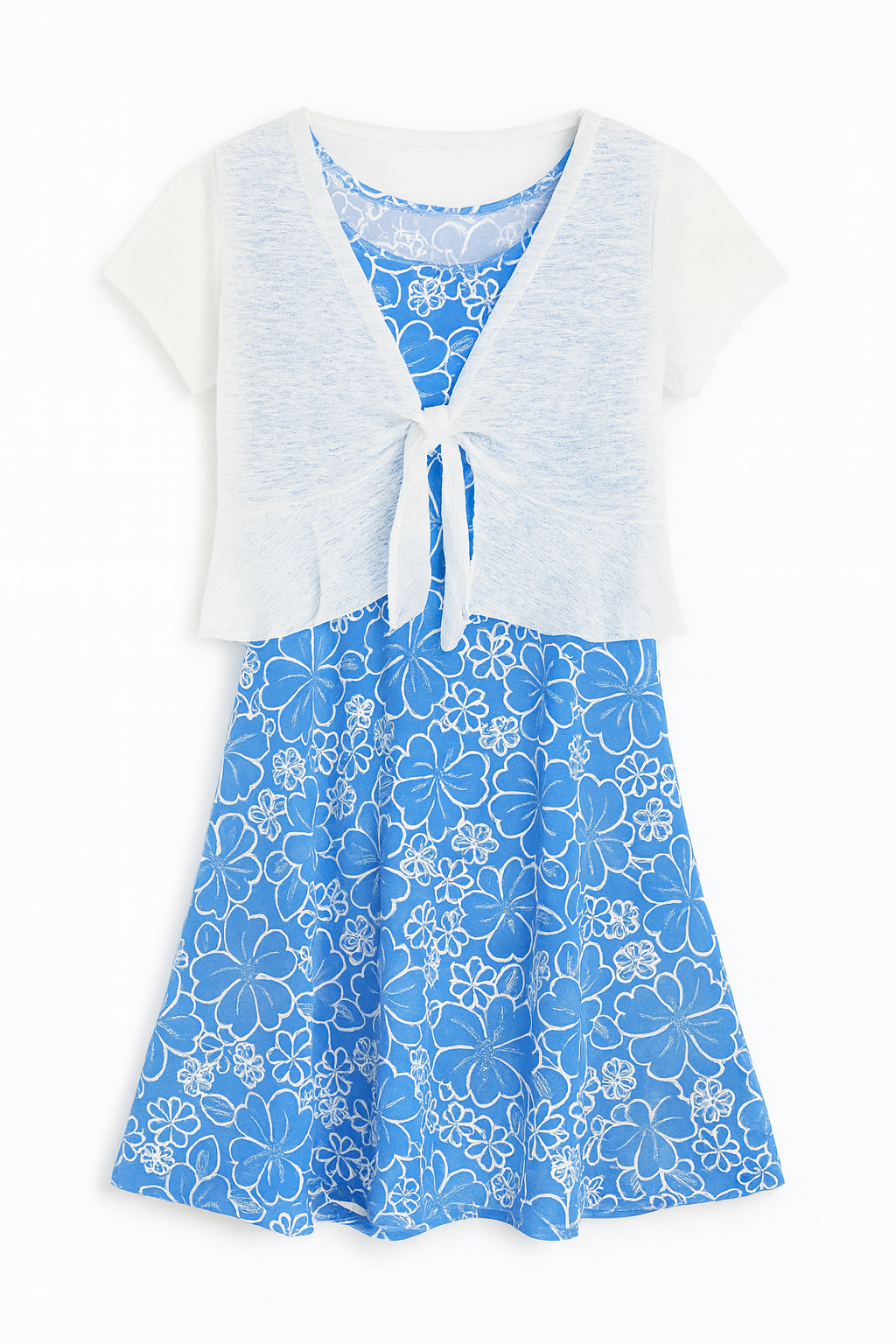 VESTIDO AZUL FLORES + CHAQUETA BLANCA